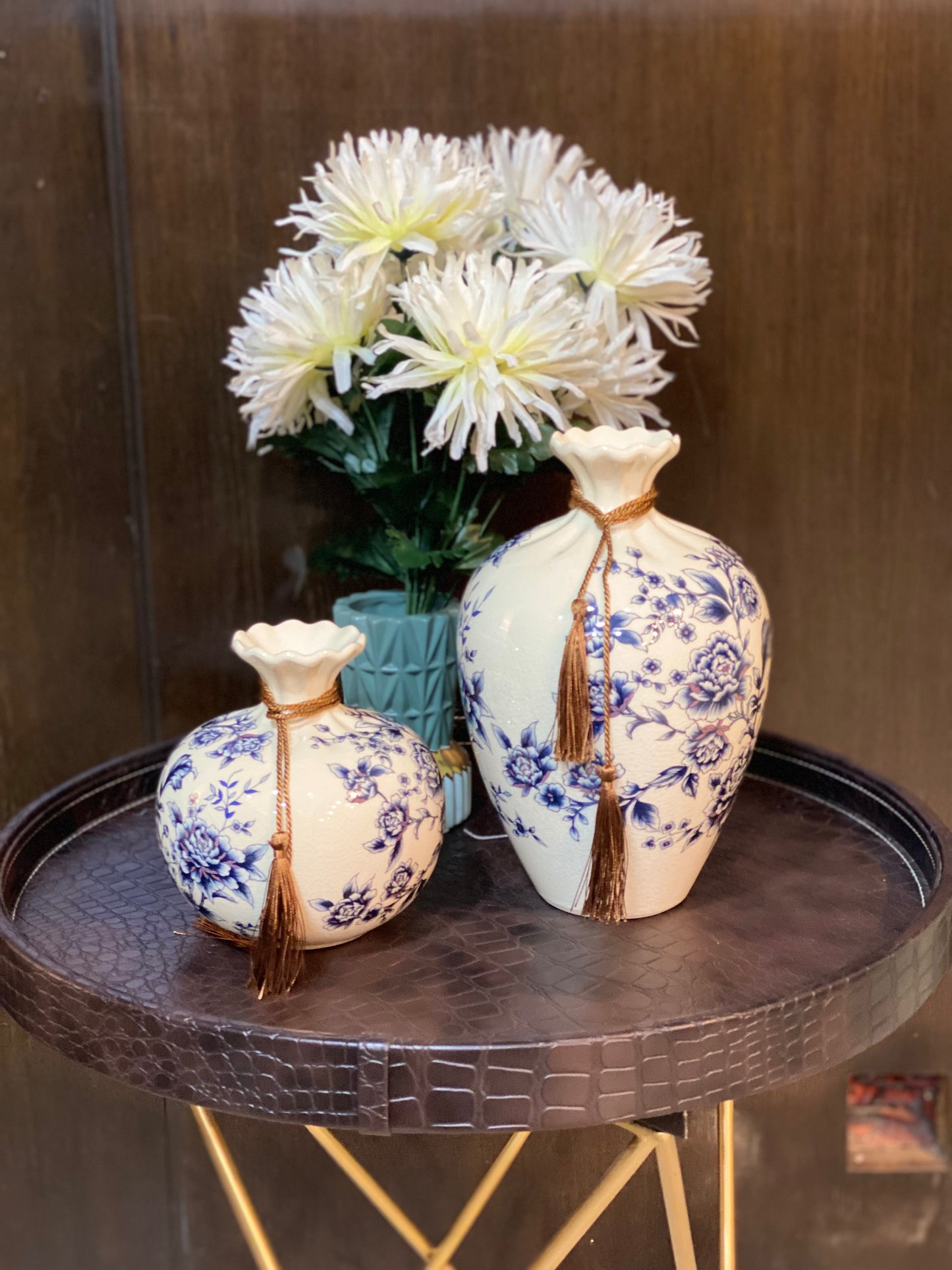 ASPEN Blue & White Floral Ceramic Vase 10"