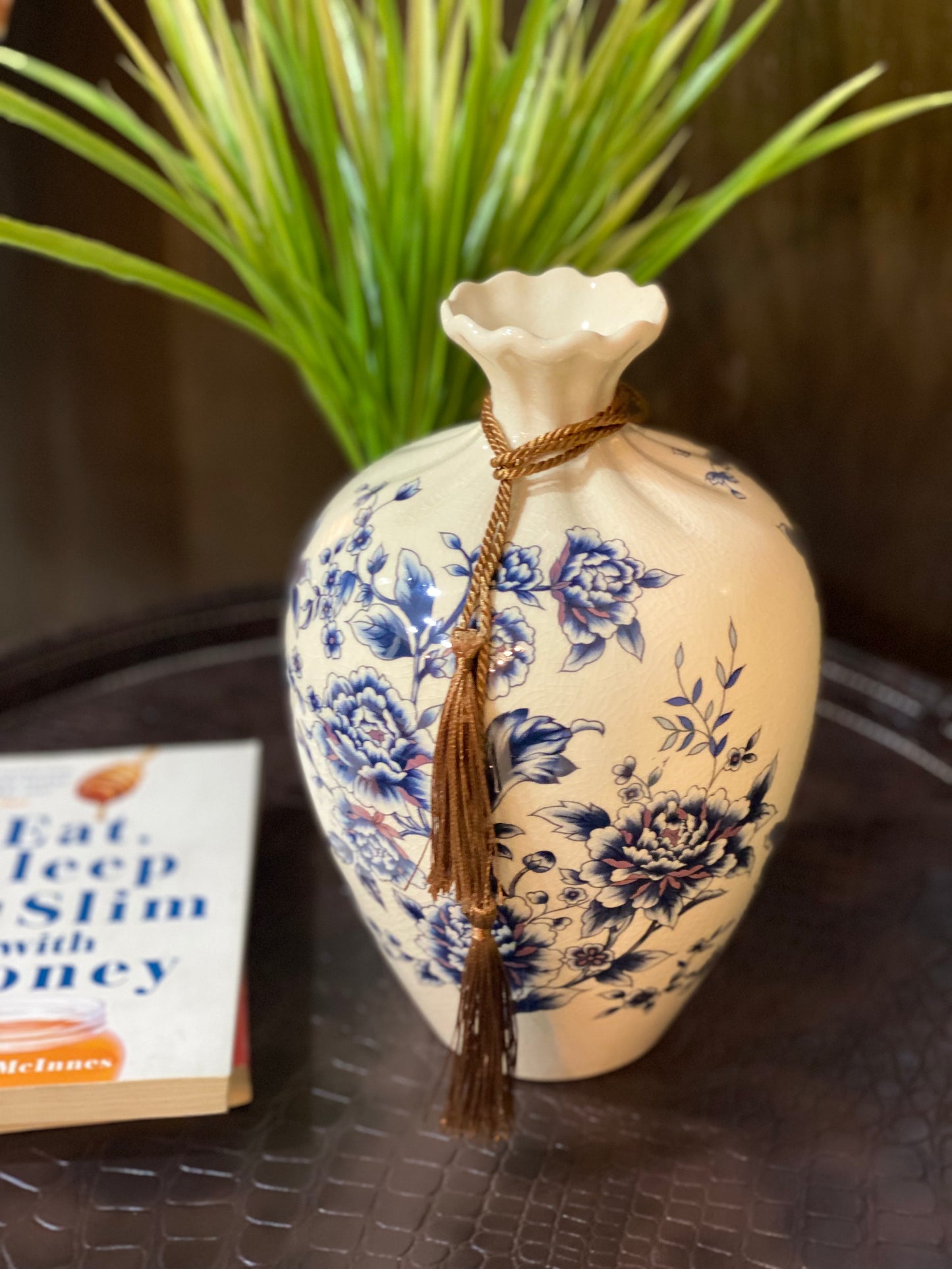 ASPEN Blue & White Floral Ceramic Vase 10"