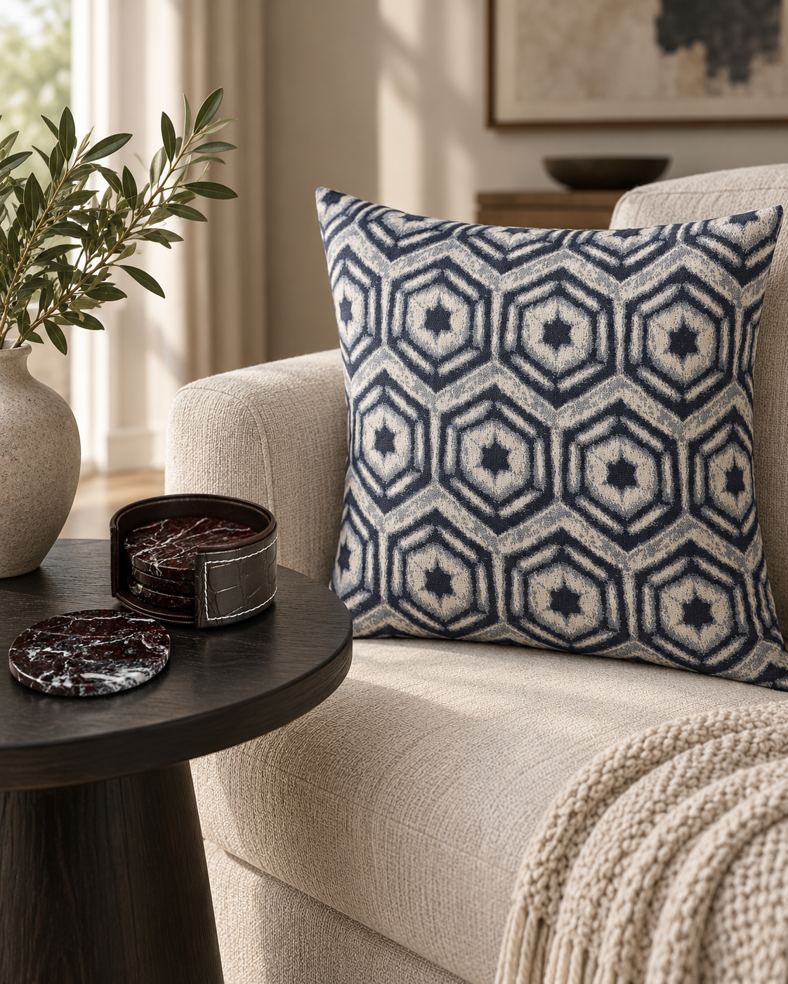 Indigo thread-work cushion with brown marble coasters styled in a warm living room