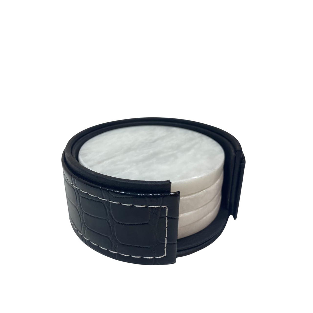 Original set of four white marble coasters with black holder