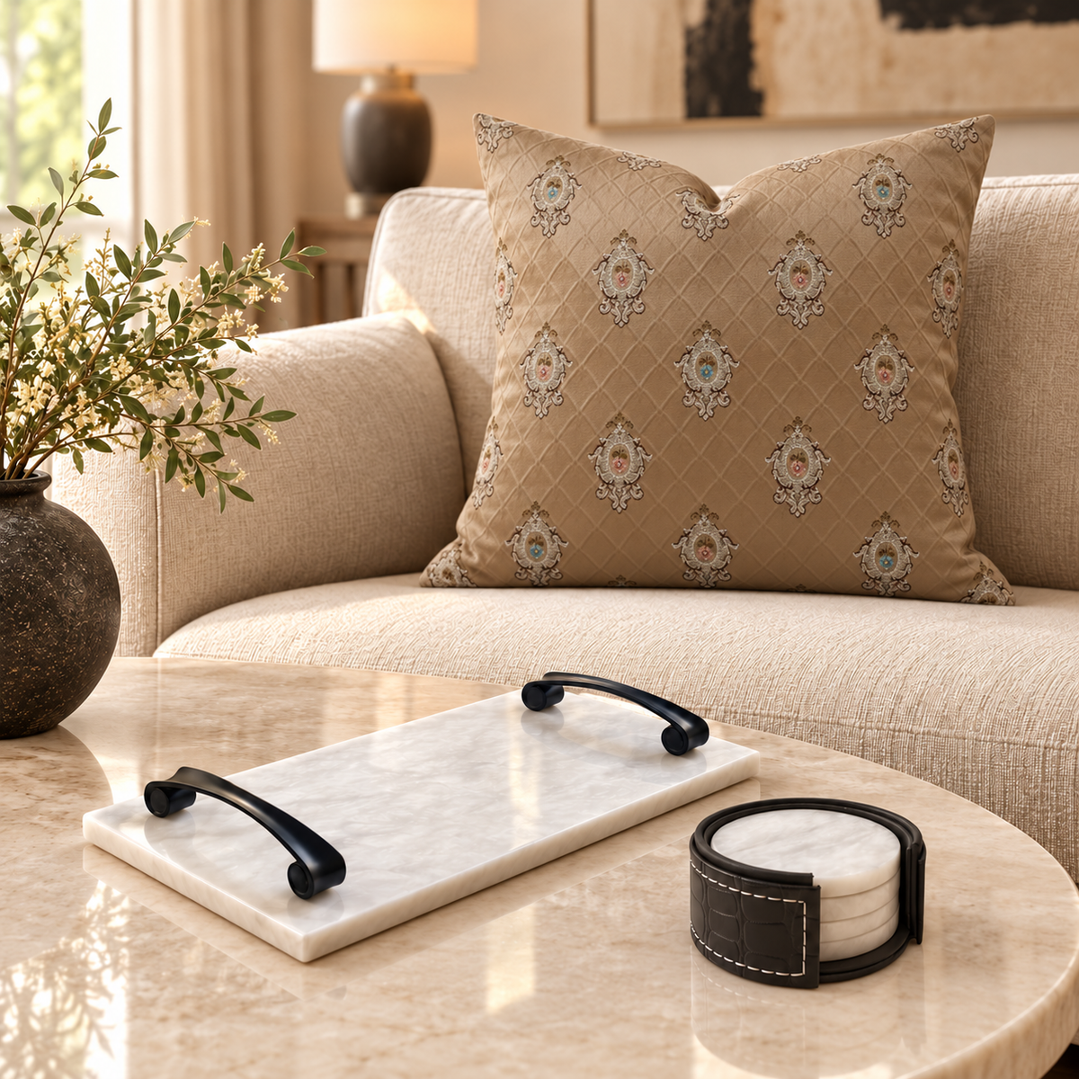 Ivory Marble Living Edit with white marble tray, white marble coasters and warm taupe embroidered filled cushion