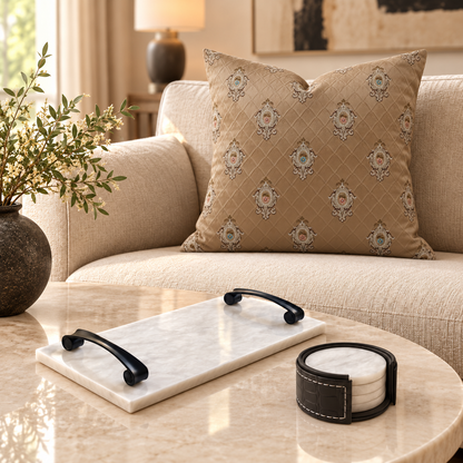 Ivory Marble Living Edit with white marble tray, white marble coasters and warm taupe embroidered filled cushion